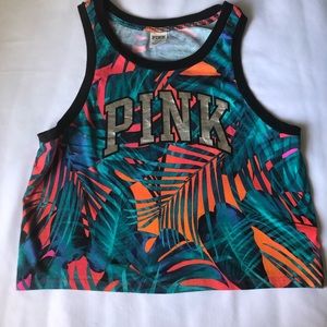 PINK cropped sleeveless top with tropical design.